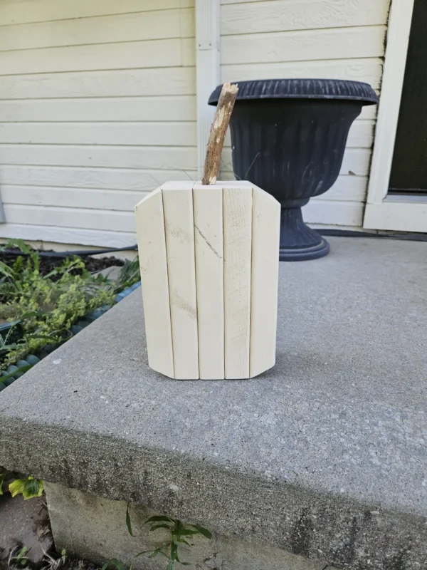 Medium White Jack-O-Lantern made from 2x4 and a natural branch as stem.